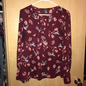 Long sleeve maroon blouse with birds and flowers